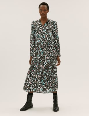 

Womens M&S Collection Animal Print Tie Neck Midi Tiered Dress - Multi, Multi