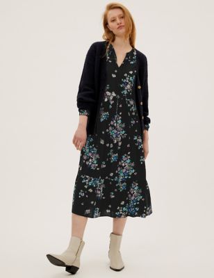 

Womens M&S Collection Floral Tie Neck Midi Relaxed Dress - Black Mix, Black Mix