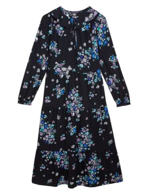 Womens M&S Collection Floral Tie Neck Midi Relaxed Dress - Black Mix