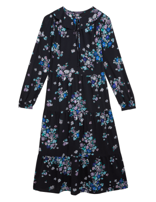 

Womens M&S Collection Bequemes Midikleid mit Bindekragen und Blumenmuster - Black Mix, Black Mix
