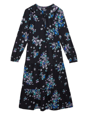 Womens M&S Collection Floral Tie Neck Midi Relaxed Dress - Black Mix