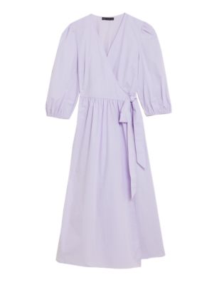 Womens M&S Collection Pure Cotton Puff Sleeve Midi Wrap Dress - Purple