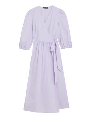

Womens M&S Collection Midi-Wickelkleid aus reiner Baumwolle mit Puffärmeln - Purple, Purple