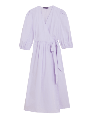 Womens M&S Collection Pure Cotton Puff Sleeve Midi Wrap Dress - Purple