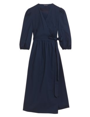 Womens M&S Collection Pure Cotton Puff Sleeve Midi Wrap Dress - Navy