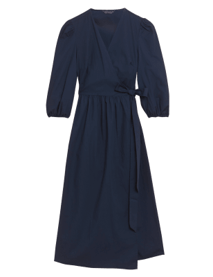 

Womens M&S Collection Midi-Wickelkleid aus reiner Baumwolle mit Puffärmeln - Navy, Navy
