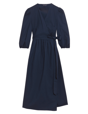 Womens M&S Collection Pure Cotton Puff Sleeve Midi Wrap Dress - Navy