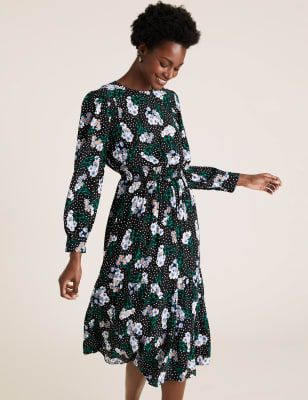 Lace Trim Green Floral Long Sleeve Midi Dress