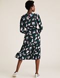 Floral Round Neck Midi Waisted Dress