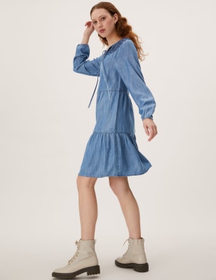 

Womens M&S Collection Pure Tencel™ Denim Mini Smock Dress - Blue, Blue