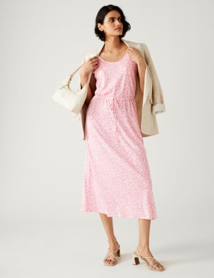 

Womens M&S Collection Tailliertes Midi-Kleid mit hohem Leinenanteil und Muster - Pink Mix, Pink Mix