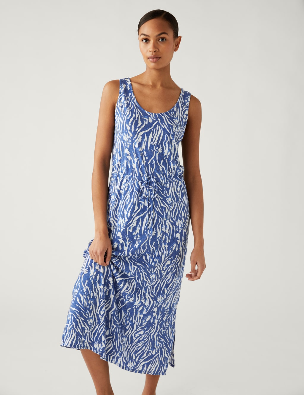 Linen Rich Printed Midaxi Waisted Dress image 1