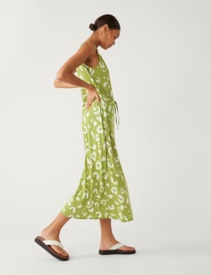 

Womens M&S Collection Linen Rich Printed Midaxi Waisted Dress - Khaki Mix, Khaki Mix