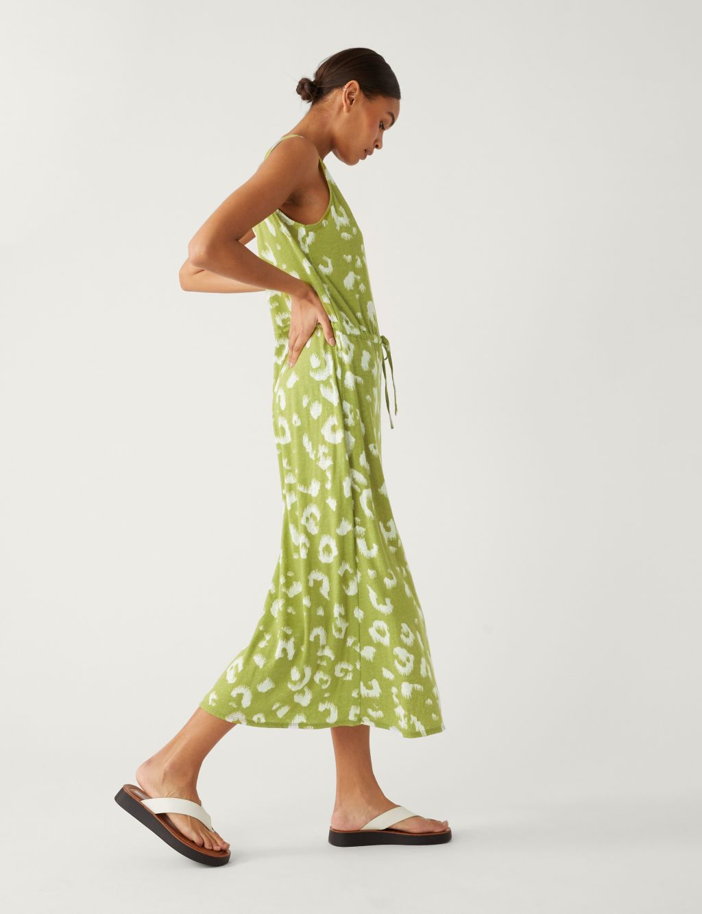 Linen Rich Printed Midaxi Waisted Dress image 1