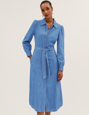 

Womens M&S Collection Midi-Shirtkleid aus Denim mit Gürtel, Denim