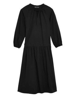 

Womens M&S Collection Midi-Stufenkleid aus reiner Baumwolle mit Schleifenkragen - Black, Black