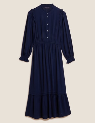 

Womens M&S Collection Pintuck Button Front Midi Waisted Dress - Navy, Navy