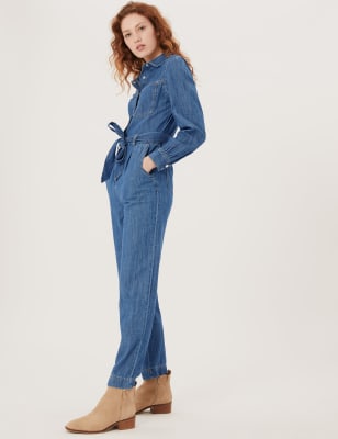 

Womens M&S Collection Langarm-Jumpsuit aus Denim mit Gürtel, Denim