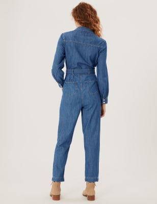 Denim Belted Long Sleeve Jumpsuit