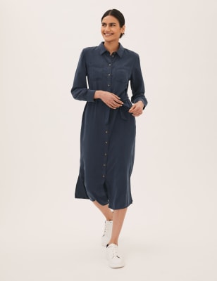 

Womens M&S Collection Pure Tencel™ Belted Midi Shirt Dress - Navy, Navy