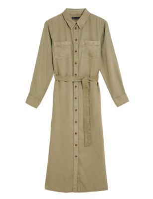 Womens M&S Collection Pure Tencel™ Belted Midi Shirt Dress - Khaki