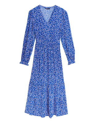 

Womens M&S Collection Floral V-Neck Shirred Midi Waisted Dress - Blue Mix, Blue Mix