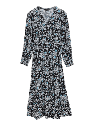 

M&S Collection Vestido a la cintura floral a media pierna fruncido de escote en picoWomens - Black Mix, Black Mix