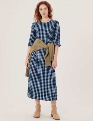 

Womens M&S Collection Pure Cotton Checked Tie Waist Midi Dress - Blue Mix, Blue Mix