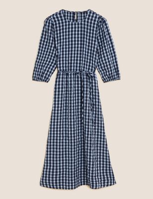M&S Womens Pure Cotton Checked Midi Waisted Dress