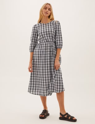 

M&S Collection Vestido a media pierna 100% algodón de cuadros con lazo en la cinturaWomens - Black Mix, Black Mix