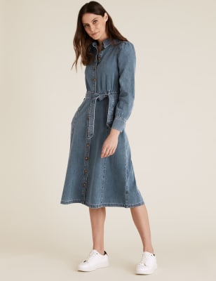  Robe midi en jean style chemise à manches bouffantes avec ceinture - Denim