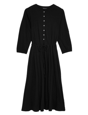 

Womens M&S Collection Tailliertes Midikleid aus reiner Baumwolle mit Rundhalsausschnitt - Black, Black