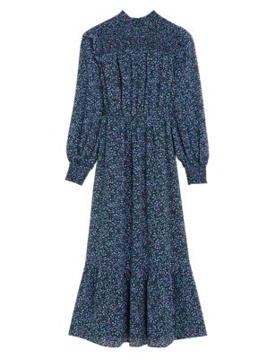 Womens M&S Collection Ditsy Floral High Neck Shirred Midi Dress - Navy Mix