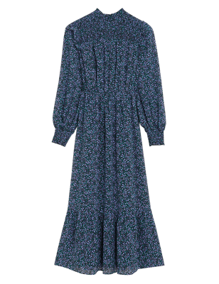 

M&S Collection Vestido a media pierna fruncido con cuello alto y diseño de florecillasWomens - Navy Mix, Navy Mix