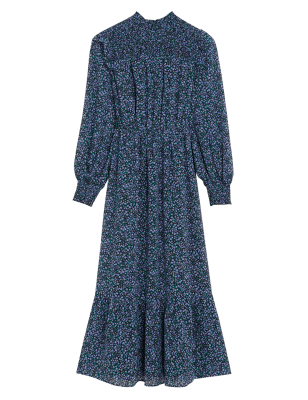 

Womens M&S Collection Ditsy Floral High Neck Shirred Midi Dress - Navy Mix, Navy Mix