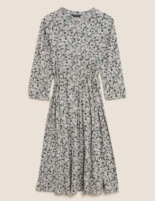 Pure Cotton Floral Midi Waisted Dress