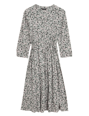 

Womens M&S Collection Pure Cotton Floral Midi Waisted Dress - Khaki Mix, Khaki Mix