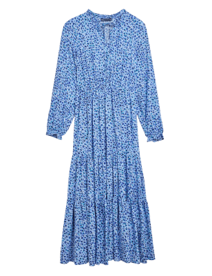 

Womens M&S Collection Animal Print Tie Neck Midi Waisted Dress - Blue Mix, Blue Mix