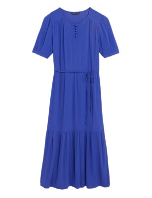 Womens M&S Collection Puff Sleeve Midi Tiered Dress - Purple