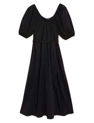 

Womens M&S Collection Pure Cotton Scoop Neck Midi Waisted Dress - Black, Black