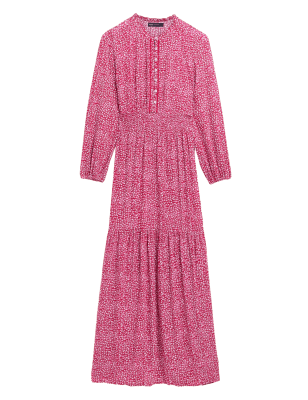 

Womens M&S Collection Tailliertes Maxikleid mit Muster und Rundhalsausschnitt - Red Mix, Red Mix