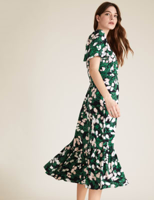  Robe midi style portefeuille à manches ange et motif fleuri - Navy Mix