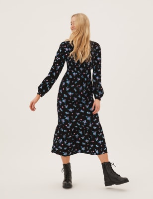 

Womens M&S Collection Floral Shirred Midi Waisted Dress - Black Mix, Black Mix