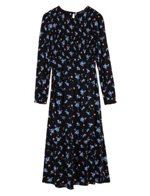 Womens M&S Collection Floral Shirred Midi Waisted Dress - Black Mix
