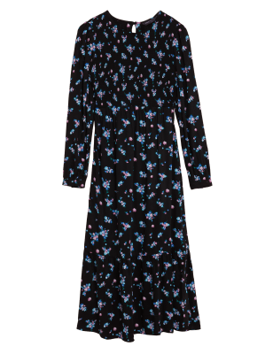 Womens M&S Collection Floral Shirred Midi Waisted Dress - Black Mix