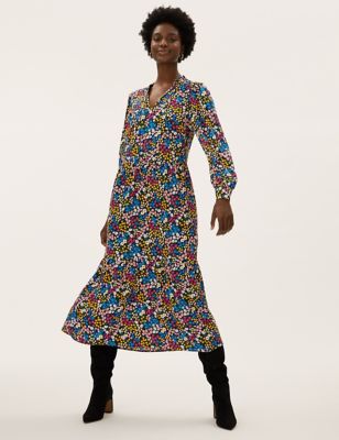 

Womens M&S Collection Floral Tie Neck Midi Tiered Dress - Multi, Multi
