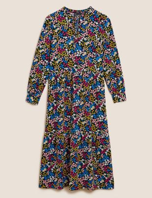 M&S Womens Floral Tie Neck Midi Tiered Dress