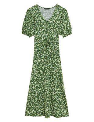 

Womens M&S Collection Geblümtes Midi-Teekleid aus Jersey mit V-Ausschnitt - Green Mix, Green Mix