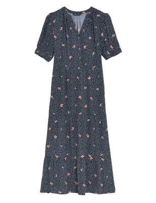 

Womens M&S Collection Vorn geknöpftes Midi-Stufenkleid mit Blümchenmuster - Navy Mix, Navy Mix