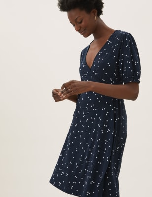  Robe coupe courte style portefeuille en jersey à col en V et pois - Navy Mix